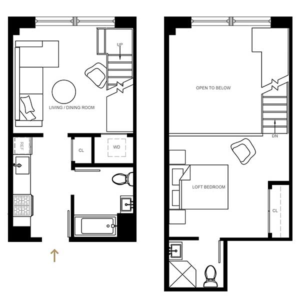 Floor plan layout for 1 Bed 2 Bath Loft