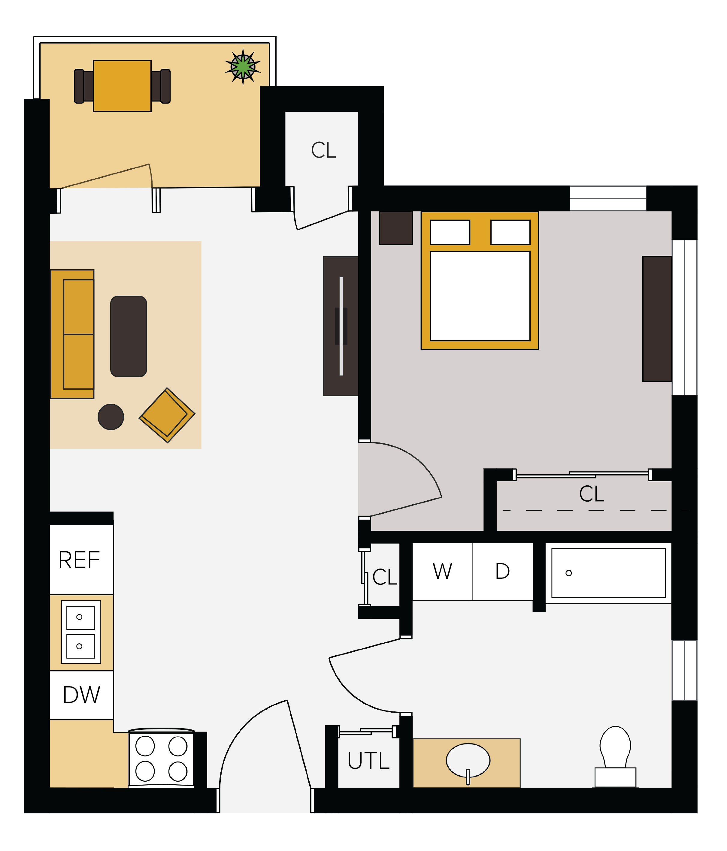 Floor plan layout for One Bed/One Bath | HC