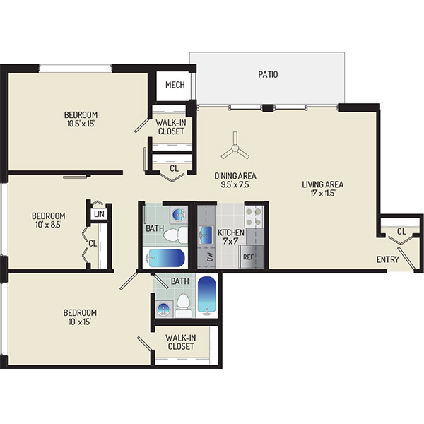Barcroft Plaza Apartments - Floorplan - 3 Bedrooms + 2 Baths