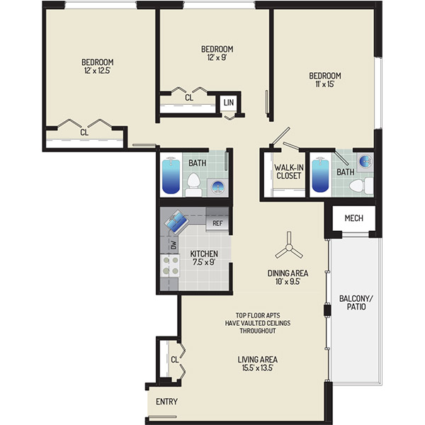 Barcroft Plaza Apartments - Floorplan - 3 Bedrooms + 2 Baths