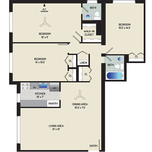 Barcroft View Apartments - Floorplan - 3 Bedrooms + 1.5 Baths