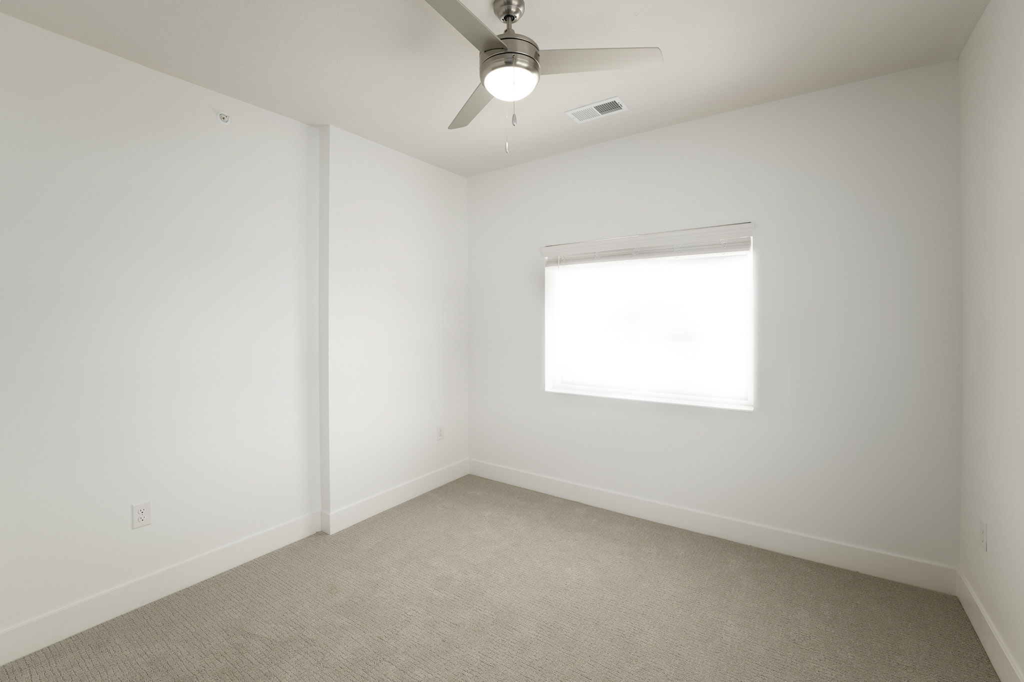 Bedroom with plush carpeting, ceiling fan, large window, and neutral wall colors.