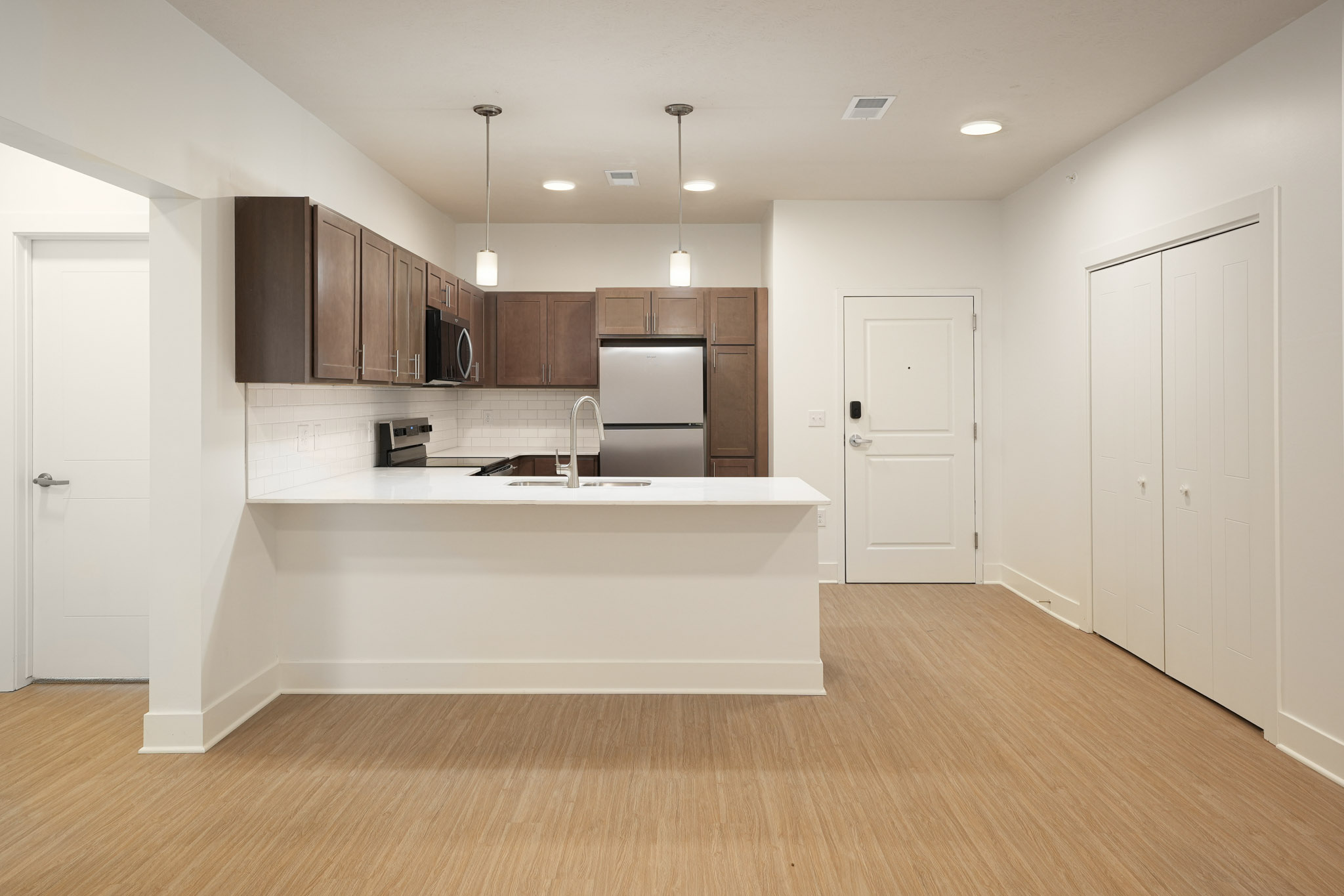 Open kitchen with quartz island, stainless steel appliances, and entryway storage closet.