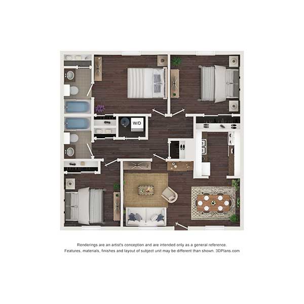 Willow Park Apartment Homes - Floorplan - Three Beds - Bossier East
