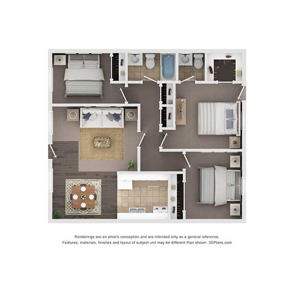 Bossier East Apartments - Floorplan - Three Beds - Vieux Carre