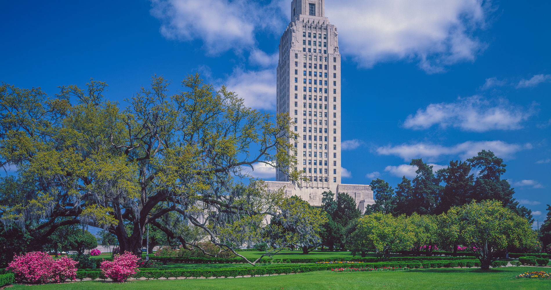 Flowers and trees, and the view of State Capitol from State Capitol Gardens