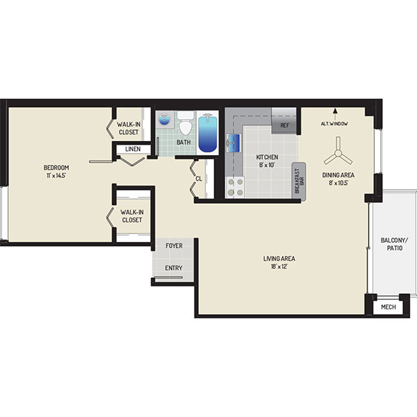 Carrollon Manor Apartments - Floorplan - 1 Bedroom + 1 Bath