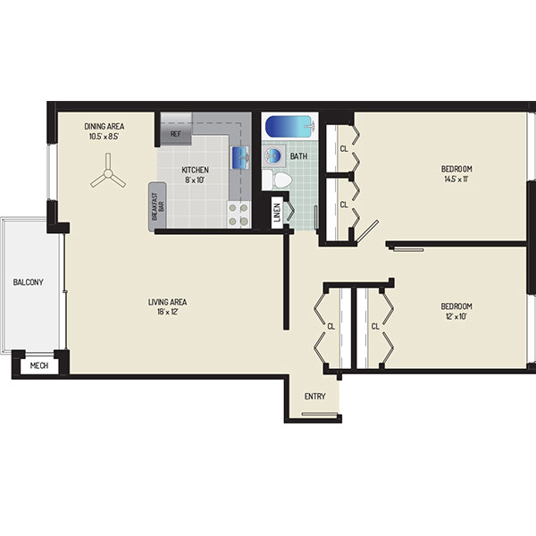 Carrollon Manor Apartments - Floorplan - 2 Bedrooms + 1 Bath