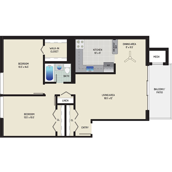 Carrollon Manor Apartments - Floorplan - 2 Bedrooms + 1 Bath