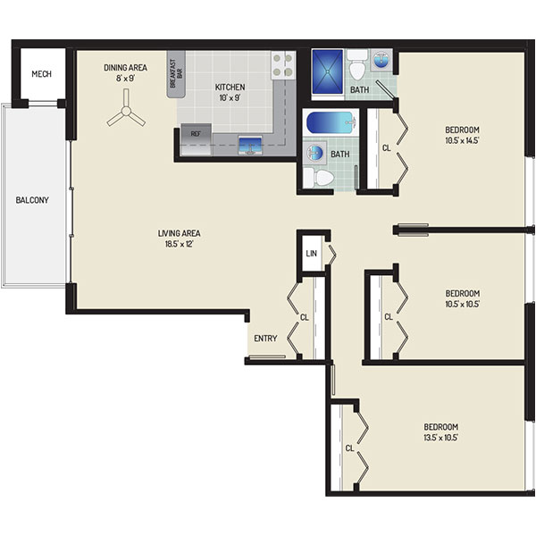 Carrollon Manor Apartments - Floorplan - 3 Bedrooms + 2 Baths