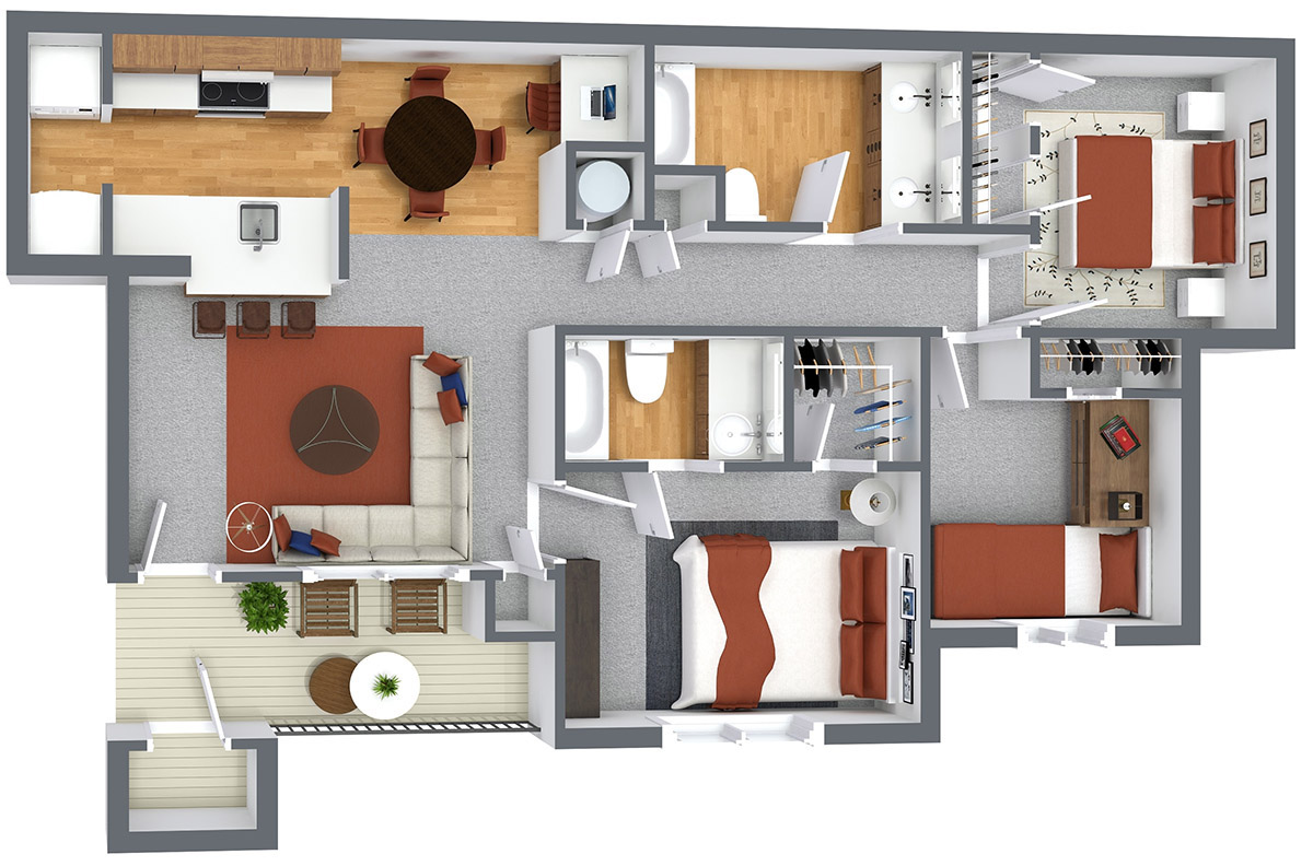 Chapel Ridge Marion - Apartment K - Chapel Ridge Marion - Three Bedroom - 3D Floor Plan