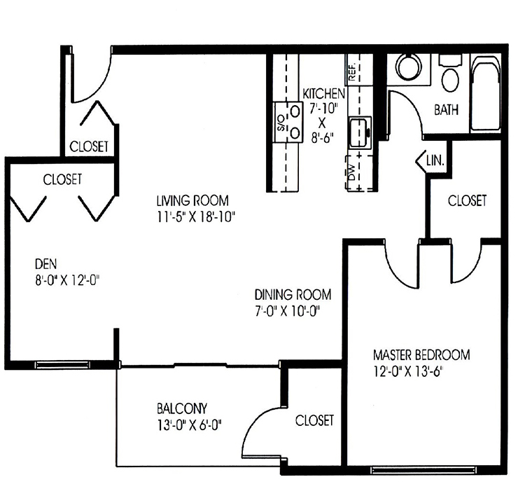 Floorplan - 1 Bedroom - B (With Den) image