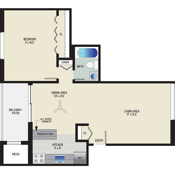 Chestnut Hill Apartments - Floorplan - 1 Bedroom + 1 Bath