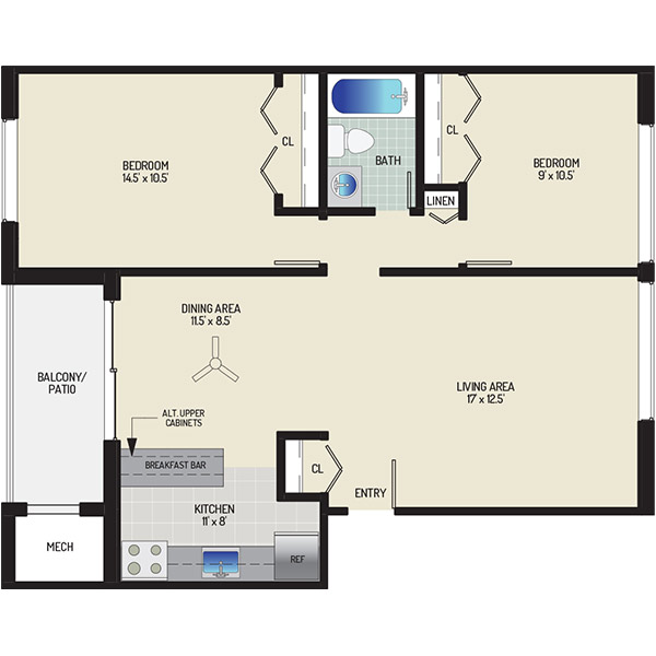 Chestnut Hill Apartments - Floorplan - 2 Bedrooms + 1 Bath