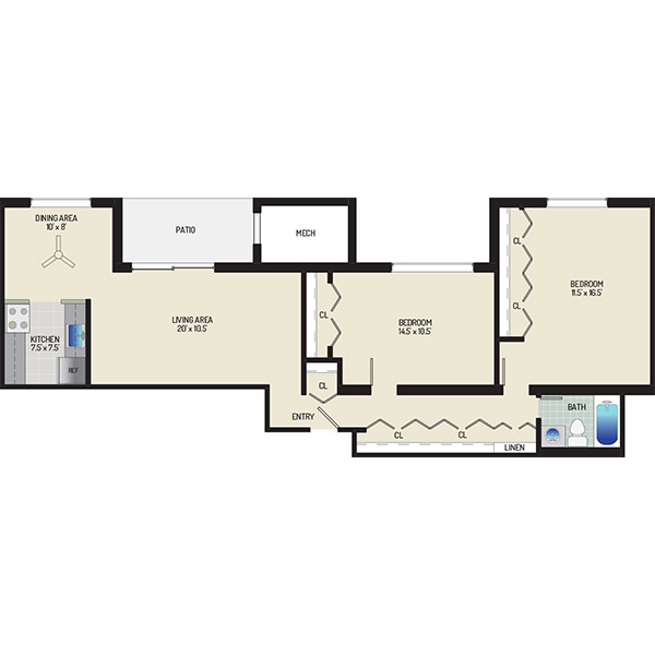 Chestnut Hill Apartments - Floorplan - 2 Bedrooms + 1 Bath