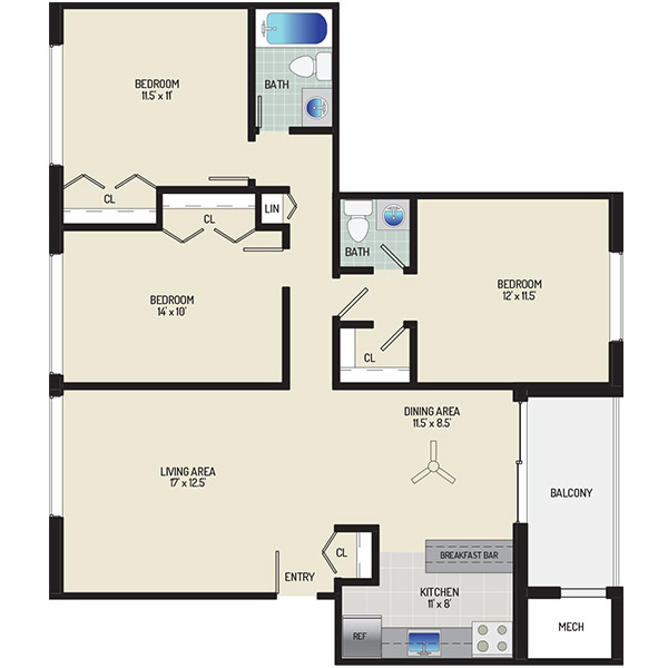 Chestnut Hill Apartments - Floorplan - 3 Bedrooms + 1.5 Baths