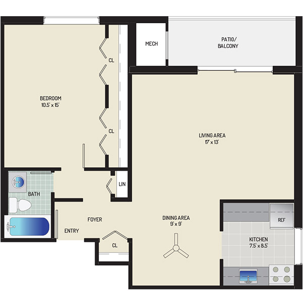 Columbia Park Apartments - Floorplan - 1 Bedroom + 1 Bath