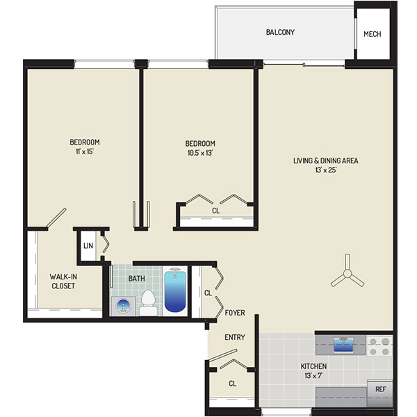 Columbia Park Apartments - Floorplan - 2 Bedrooms + 1 Bath