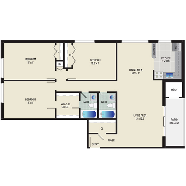 Columbia Park Apartments - Floorplan - 3 Bedrooms + 2 Baths