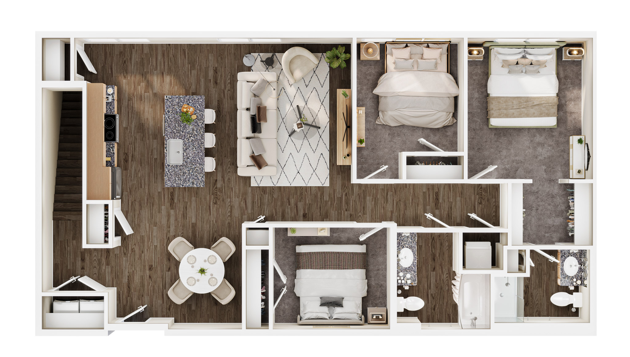 Floor plan layout for Three Bed/Two Bath | 60% AMI