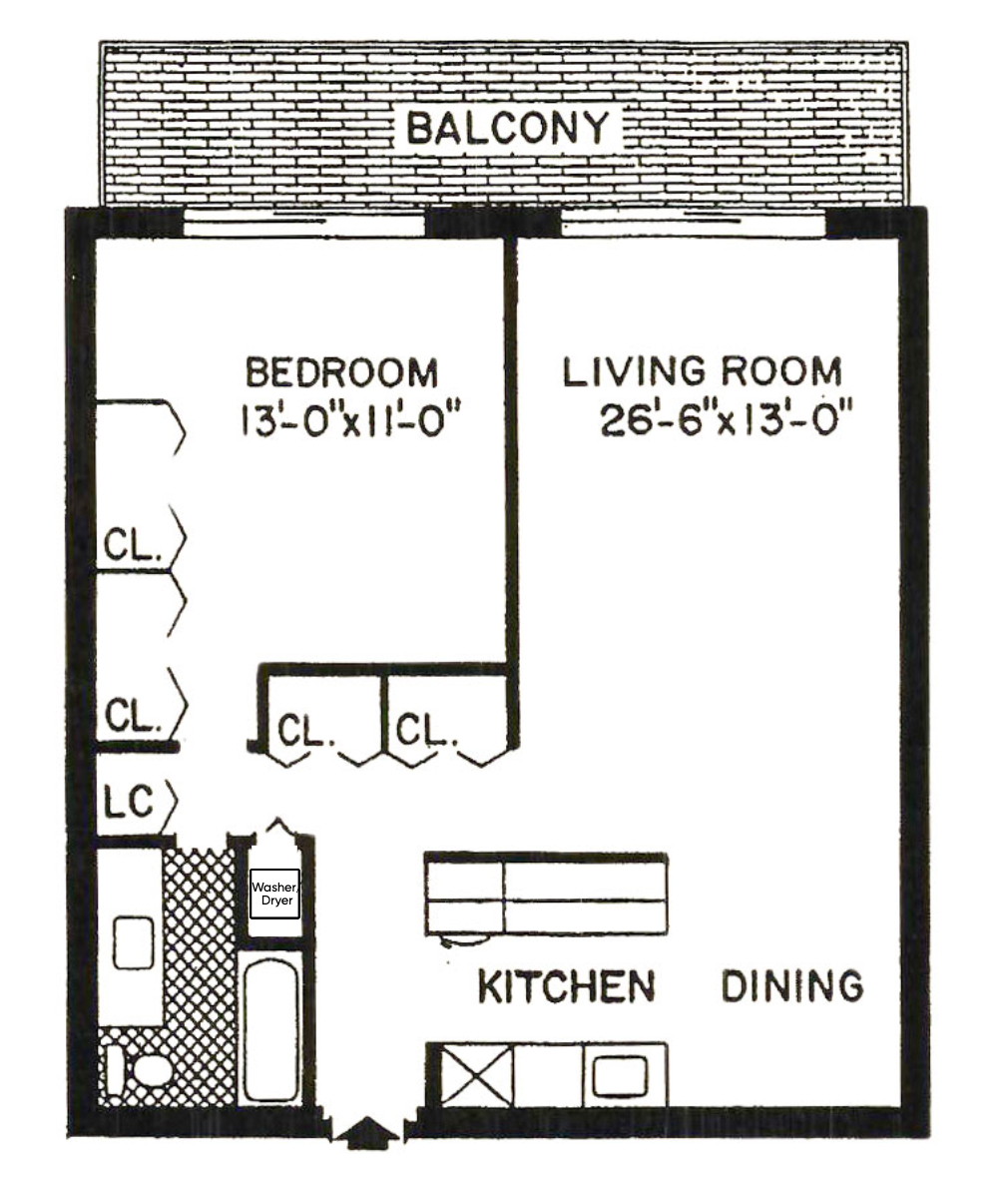 Floor plan layout for 1 Bedroom Washer/Dryer