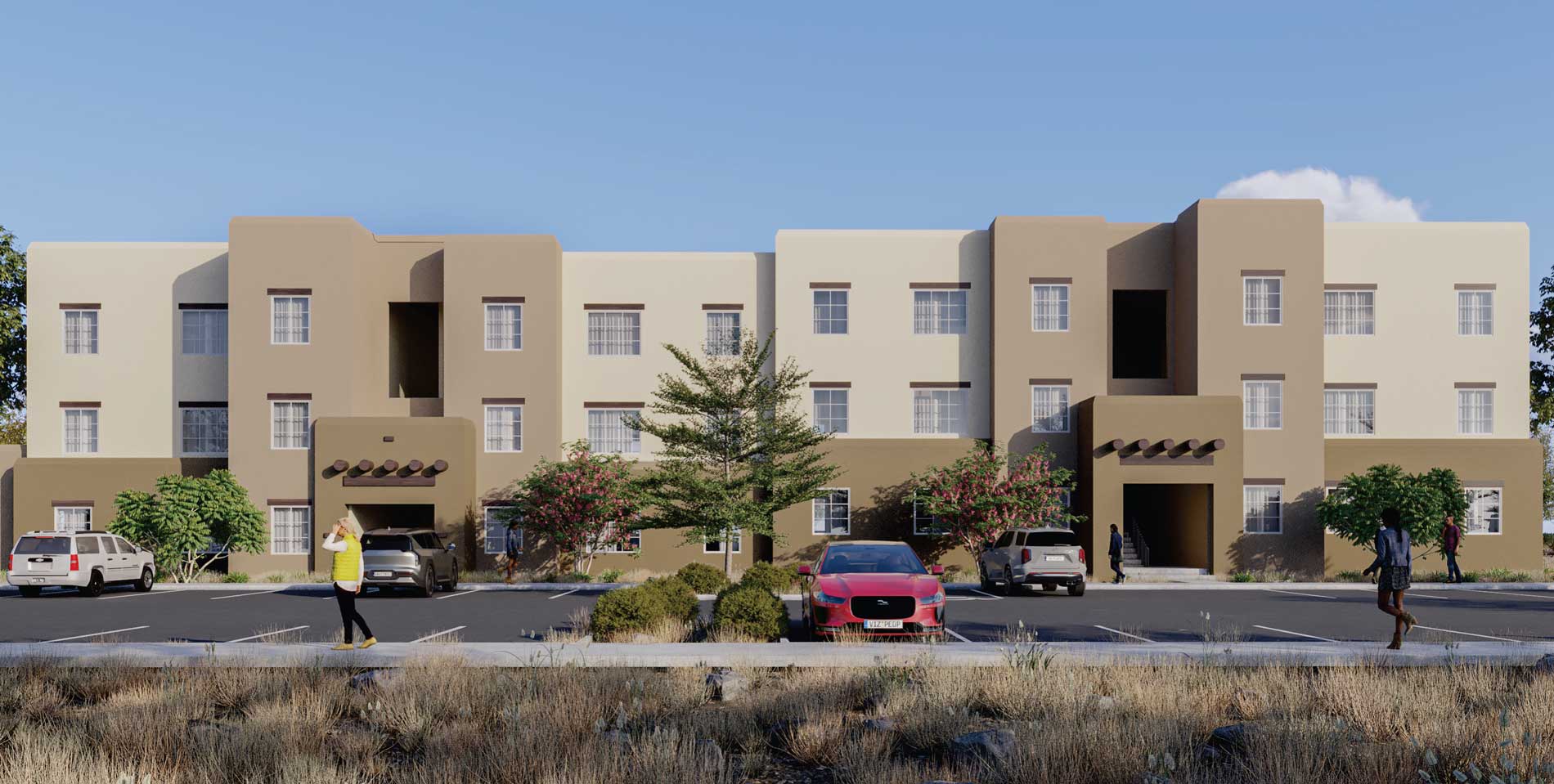 Exterior view of Cresta Ranch Apartments featuring contemporary Southwestern architecture and affordable income-restricted housing in Santa Fe, New Mexico.