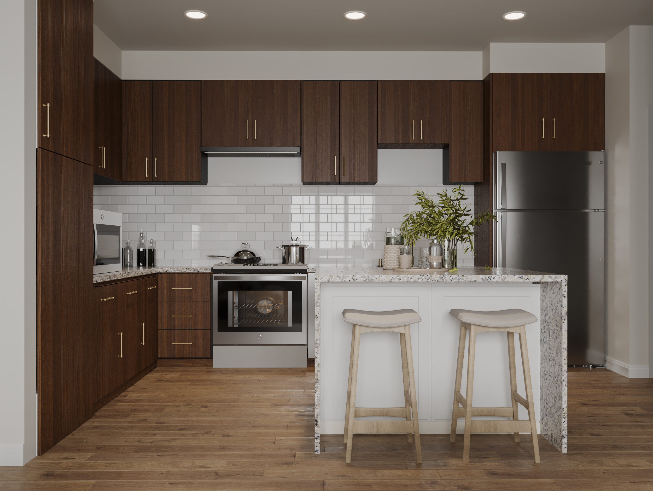 Modern apartment kitchen rendering with dark cabinetry, stainless steel appliances, and breakfast bar at Cresta Ranch Apartments in Santa Fe, NM.