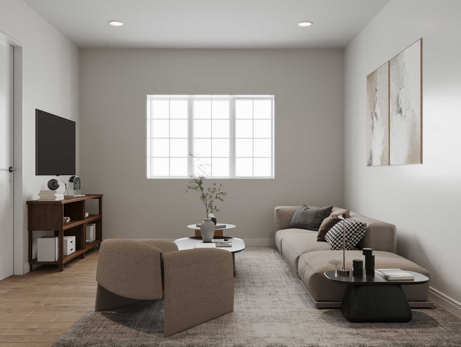 Bright and modern apartment living room with neutral finishes and open layout at Cresta Ranch Apartments in Santa Fe, NM.