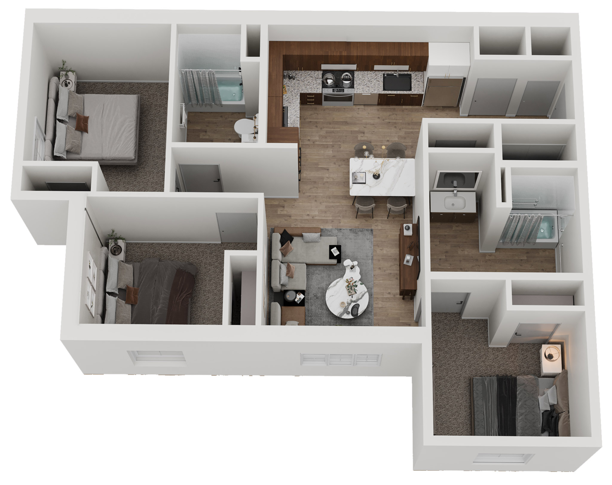Three bedroom affordable apartment floor plan with 1099 square feet, two bathrooms, and open-concept living space at Cresta Ranch Apartments in Santa Fe, NM.