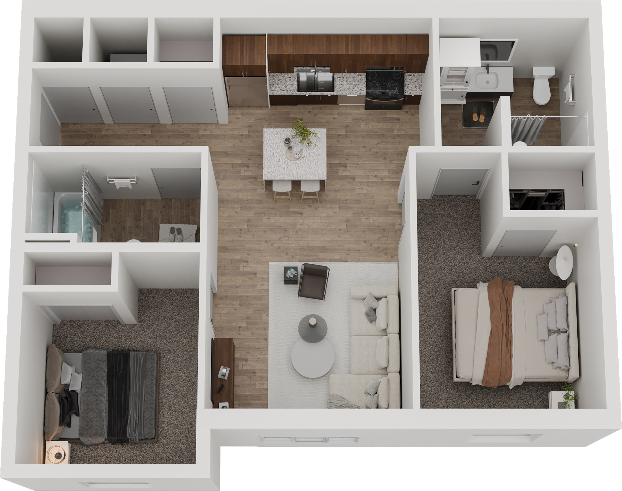 Two bedroom affordable apartment floor plan with 903 square feet, two bathrooms, and open-concept living space at Cresta Ranch Apartments in Santa Fe, NM.