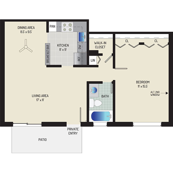Deerfield Run & Village Square North Apartments - Floorplan - 1 Bedroom + 1 Bath 