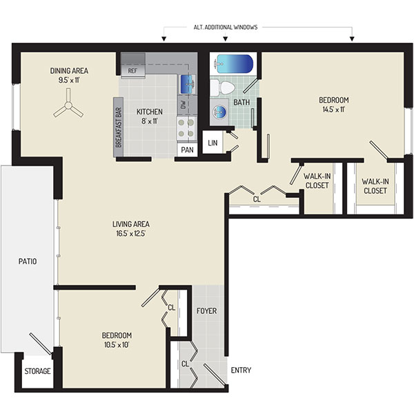 Deerfield Run & Village Square North Apartments - Floorplan - 2 Bedrooms + 1 Bath 
