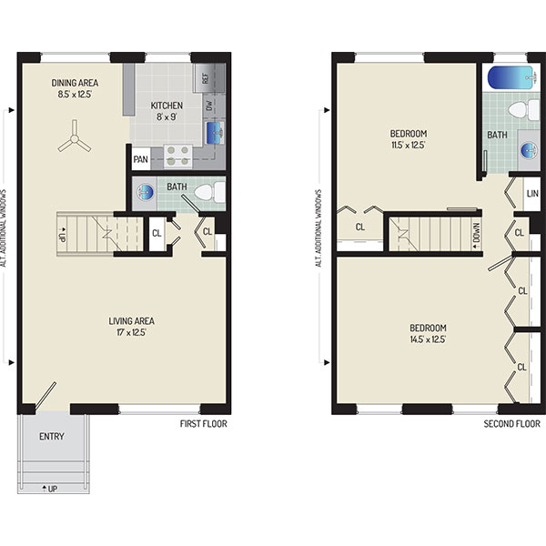Deerfield Run & Village Square North Apartments - Floorplan - 2 BR + 1.5 BA Townhome