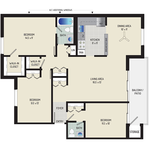 Deerfield Run & Village Square North Apartments - Floorplan - 3 BR + 1.5 BA Apartment