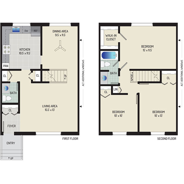Deerfield Run & Village Square North Apartments - Floorplan - 3 BR + 1.5 BA Townhome