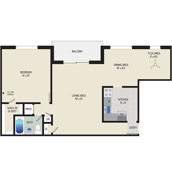 Deerfield Run & Village Square North Apartments - Floorplan - 1 Bedroom + 1 Bath 