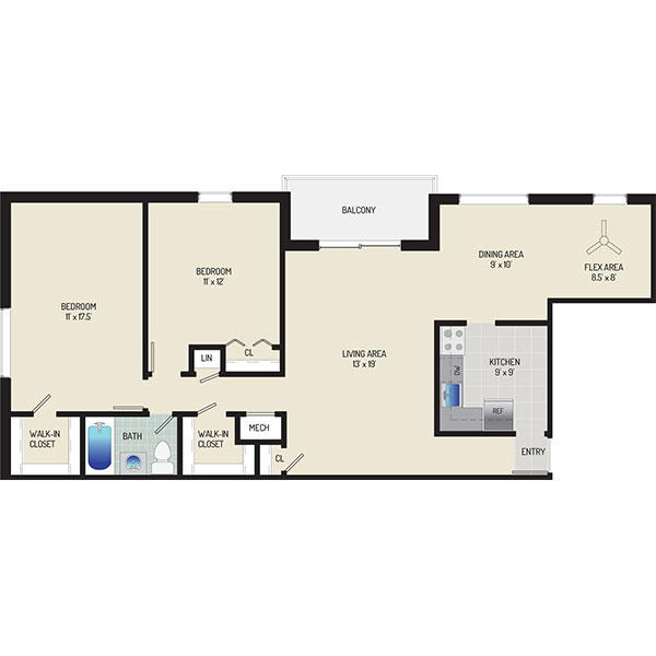 Deerfield Run & Village Square North Apartments - Floorplan - 2 Bedrooms + 1 Bath 