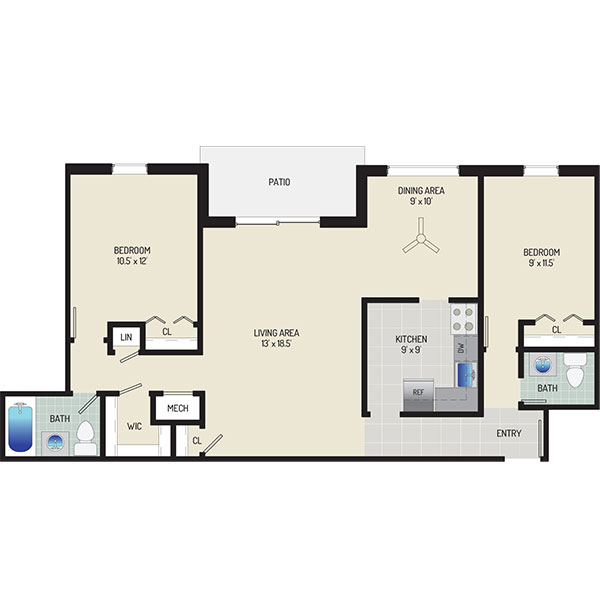Deerfield Run & Village Square North Apartments - Floorplan - 2 Bedrooms + 1.5 Baths