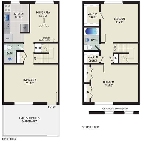 Deerfield Run & Village Square North Apartments - Floorplan - 2 BR + 1.5 BA Townhome