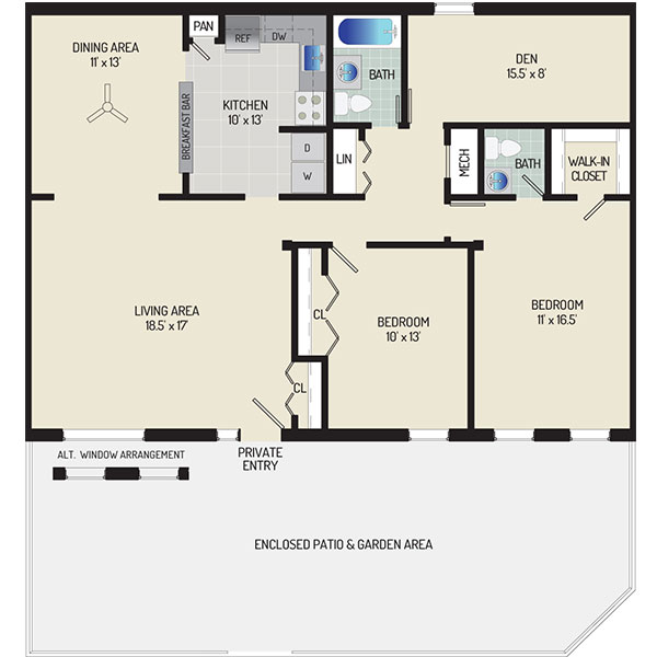 Deerfield Run & Village Square North Apartments - Floorplan - 2 Bedrooms + 1.5 Baths