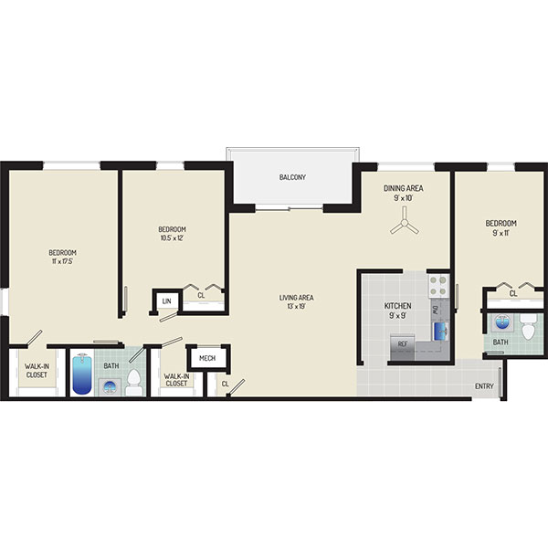 Deerfield Run & Village Square North Apartments - Floorplan - 3 BR + 1.5 BA Apartment
