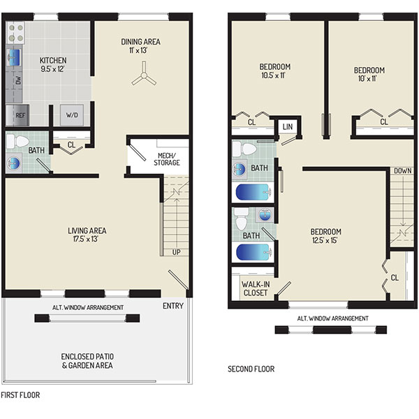 Deerfield Run & Village Square North Apartments - Floorplan - 3 BR + 2.5 BA Townhome