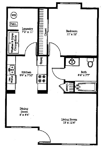 Delaware Crossing Apartments & Townhomes - Floorplan - 1Bedroom/1Bath