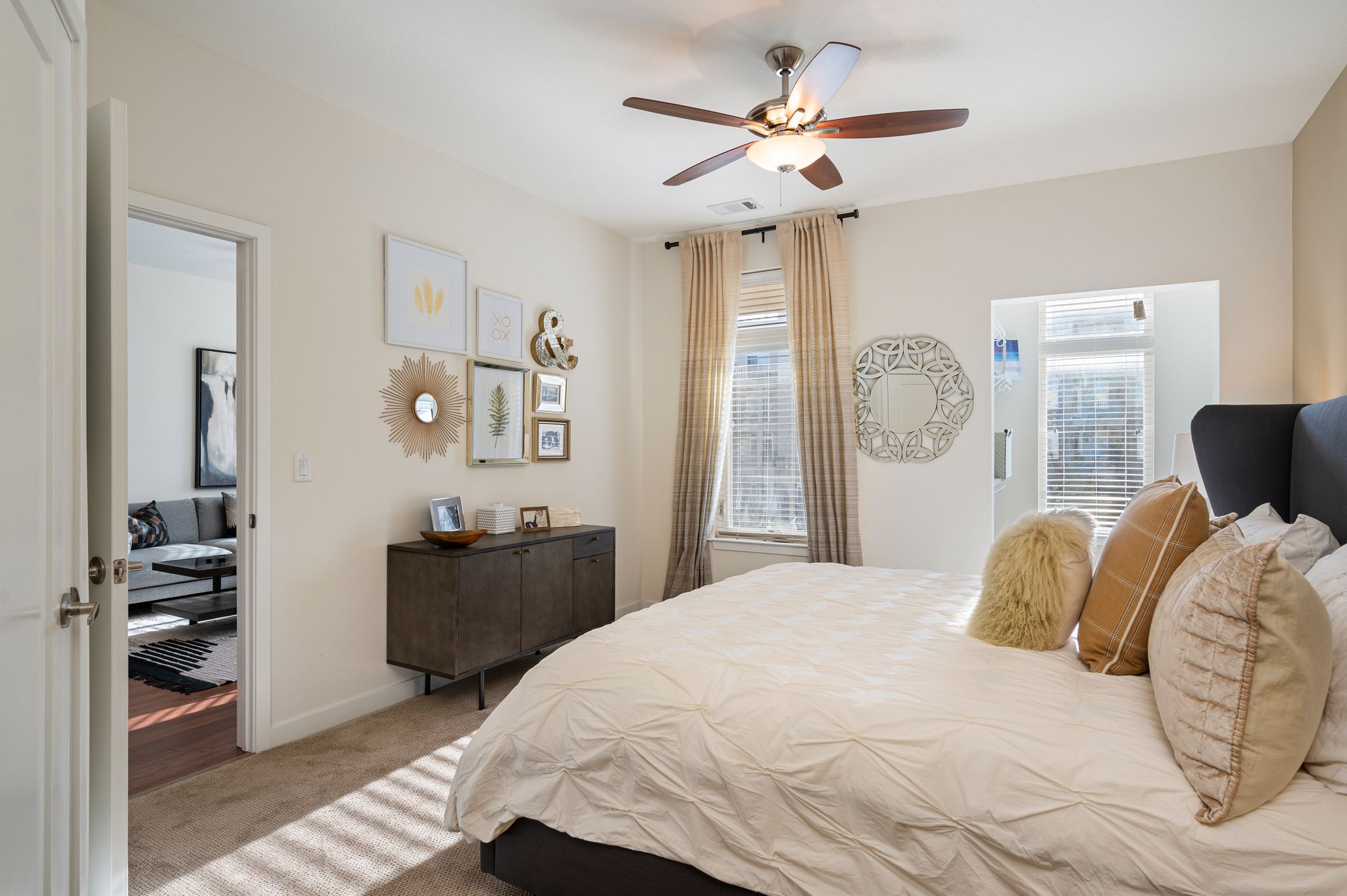 Cozy Bedroom at Domain City Center Luxury Apartments in Lenexa, KS