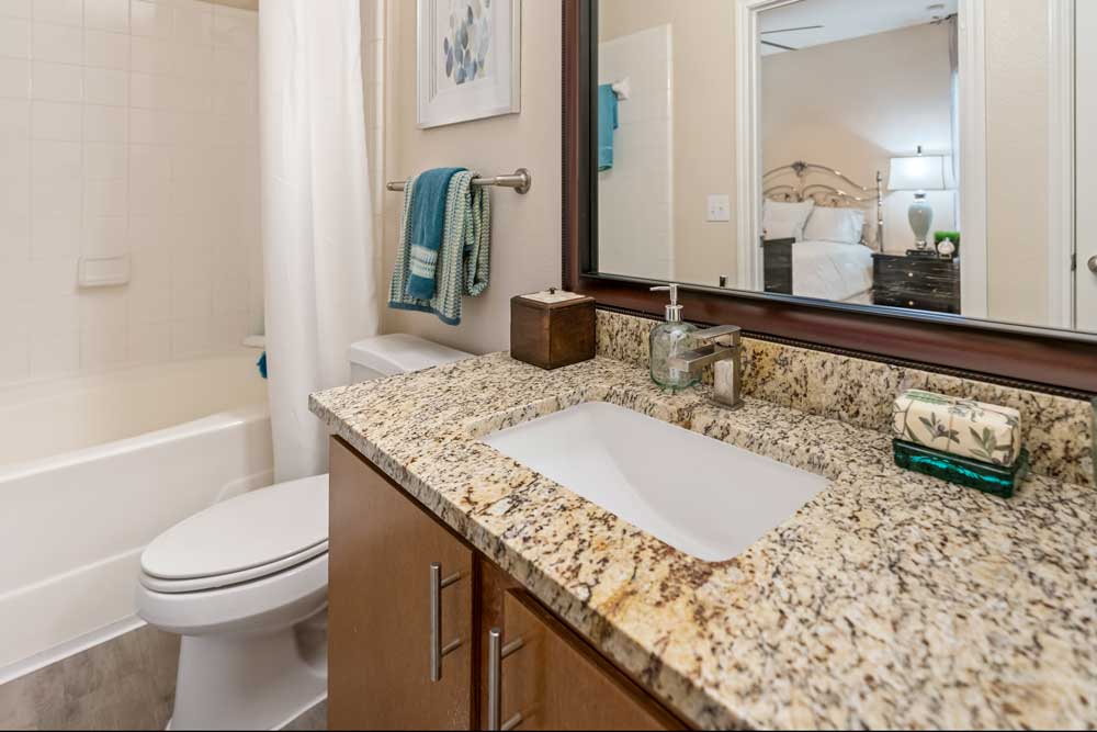 Bathroom with granite vanity, framed mirror, bathtub and shower combo, towel rack, and view into adjacent bedroom