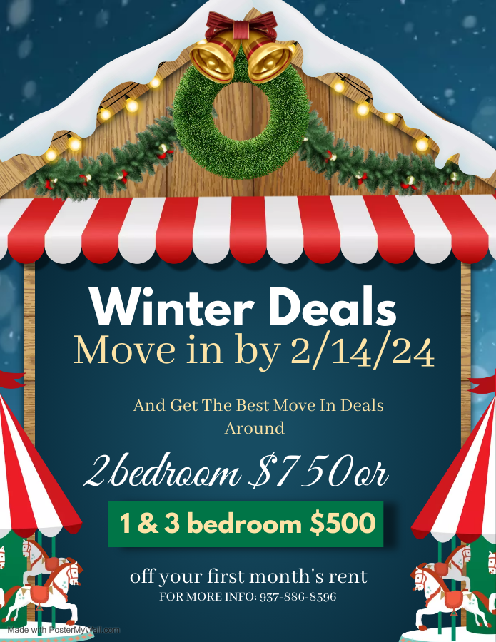 Winter Deals! Move in by 2/14/24 and get the best Move in Deals. Around $750 on 2 Bedroom or $500 on 1 and 3 Bedroom OFF on your first month’s rent!