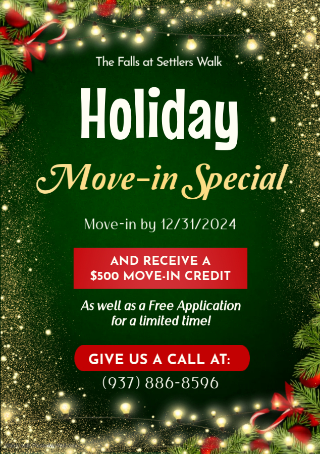 Holiday Move-in Special! Move-in by 12/31 and receive a $500 move-in credit as well as a Free Application for a limited time!