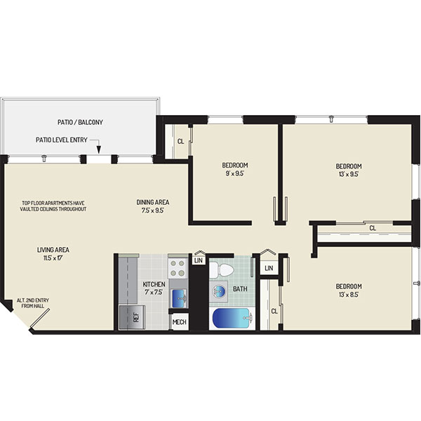 Flower Branch Apartments - Floorplan - 3 Bedrooms + 1 Bath