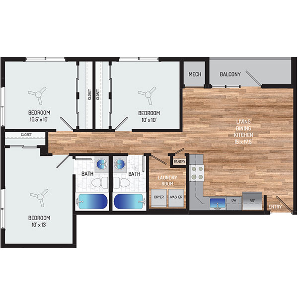 Flower Branch Apartments - Floorplan - 3 Bedrooms + 2 Baths