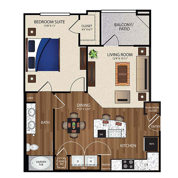 Floorplan - A1- 1 bedroom 1 bath image